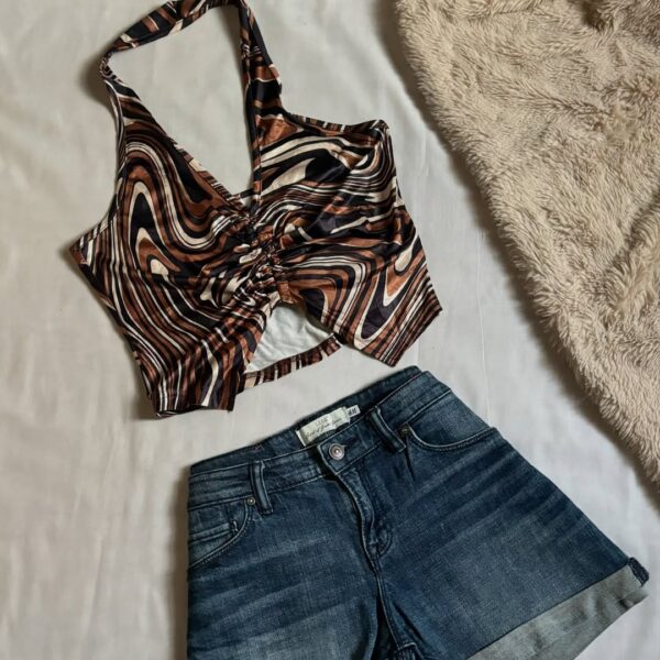 Halter Butterfly Top With Denim Shorts (M/L),(WAIST 32,L 11/12)
