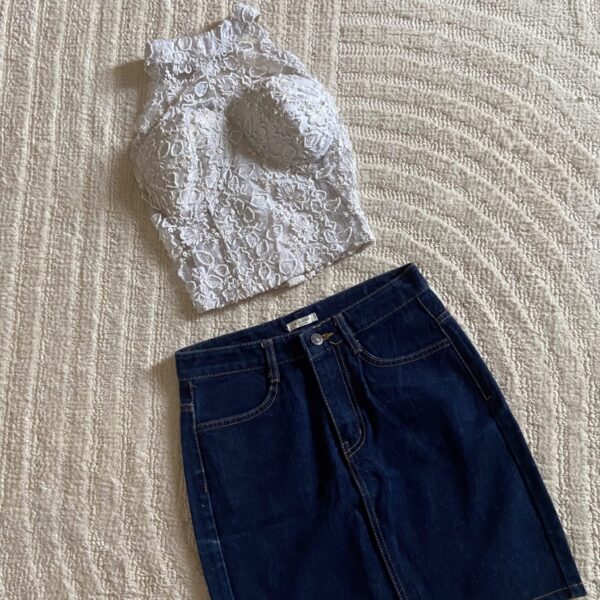 Embroidered halter top Padded (S), Denim skirt (S)